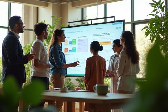 Team collaborating on wellness strategies in a bright, modern office with plants