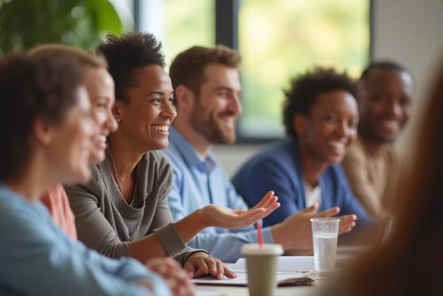 Diverse group of employees engaged in a corporate wellness workshop, smiling and actively participating.